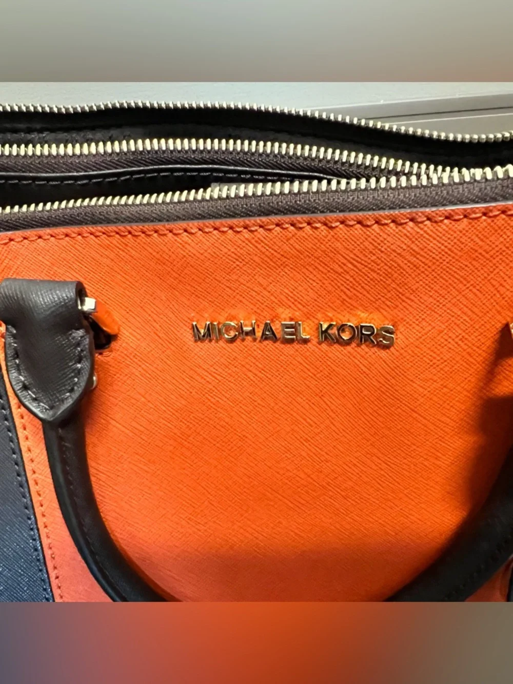 Michael Kors Orange and Brown Saffiano Leather Satchel with Gold MK Charm-EUC - Picture 4 of 7